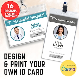 Doktor Krankenschwester ID Abzeichen, bearbeitbare Krankenhauspersonal ID, Pretend Play Medizinische Party Halloween Kostüm Krankenschwester ID anpassbar und druckbar 16 Designs