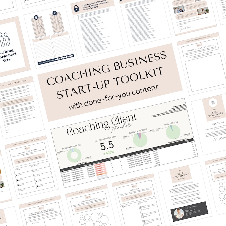 May include: A pink and white coaching business start-up toolkit with done-for-you content. The toolkit includes worksheets, trackers, and templates for coaching clients. The text "Coaching Business Start-Up Toolkit" is in a large, bold font.