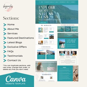 Op de afbeelding: Een website-sjabloon voor reisbedrijven, met een turquoise en wit kleurenschema. De sjabloon bevat secties voor home, over mij, diensten, aanbevolen bestemmingen, nieuwste blogberichten, exclusieve aanbiedingen, FAQ's, testimonials en contact. De tekst "Verken meer, stress minder" wordt bovenaan de pagina weergegeven.