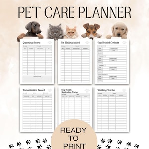 May include: Printable pet care planner with sections for grooming, vet visits, dog related contacts, immunization, medication, and walking. The planner features a black and white design with paw prints at the bottom.