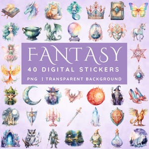 May include: A set of 40 digital fantasy stickers featuring watercolor illustrations of mythical creatures, objects, and scenes. The stickers have transparent backgrounds and are perfect for adding a touch of magic to your digital projects.