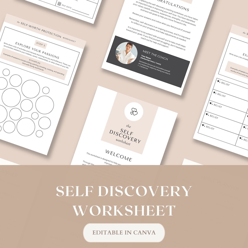 May include: A self-discovery worksheet with a welcome message and a section titled "Meet the Coach". The worksheet is designed to help you improve your self-awareness and explore your passions.