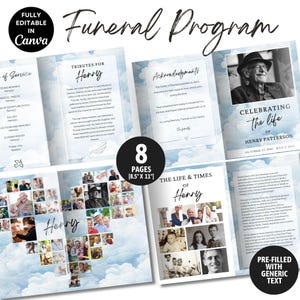 Plantilla de obituario para programa funerario de 8 páginas (21,5 x 28 cm), estilo revista, celebración de la vida, 8 páginas, descarga digital (Canva)