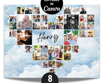 May include: A heart-shaped photo collage with a cloudy blue background. The collage is filled with various photos of people. The name "Henry" is written in cursive. The image includes text that says "FULLY EDITABLE IN Canva" and "8 PAGES [8.5" X 11"]"
