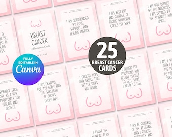 May include: A set of 25 pink affirmation cards with a breast cancer awareness theme. The cards feature positive messages and a pink ribbon symbol. The cards are fully editable in Canva.