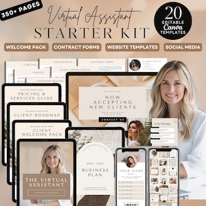 Pode incluir: Um kit inicial de assistente virtual digital com mais de 350 páginas, incluindo pacotes de boas-vindas, formulários de contrato, modelos de sites e recursos de mídia social. O kit apresenta modelos Canva editáveis e um modelo de plano de negócios.