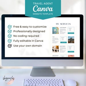Op de afbeelding: Een computerscherm waarop een website-sjabloon voor reisagenten wordt weergegeven. De sjabloon is ontworpen in Canva en bevat een checklist met voordelen, waaronder gratis en eenvoudige aanpassing, professioneel ontwerp, geen codering vereist, volledige bewerkbaarheid en de mogelijkheid om je eigen domein te gebruiken. De website bevat ook een sectie voor het presenteren van diensten, zoals aangepaste reisroutes, tours, budgetvriendelijke opties en luxe uitstapjes.