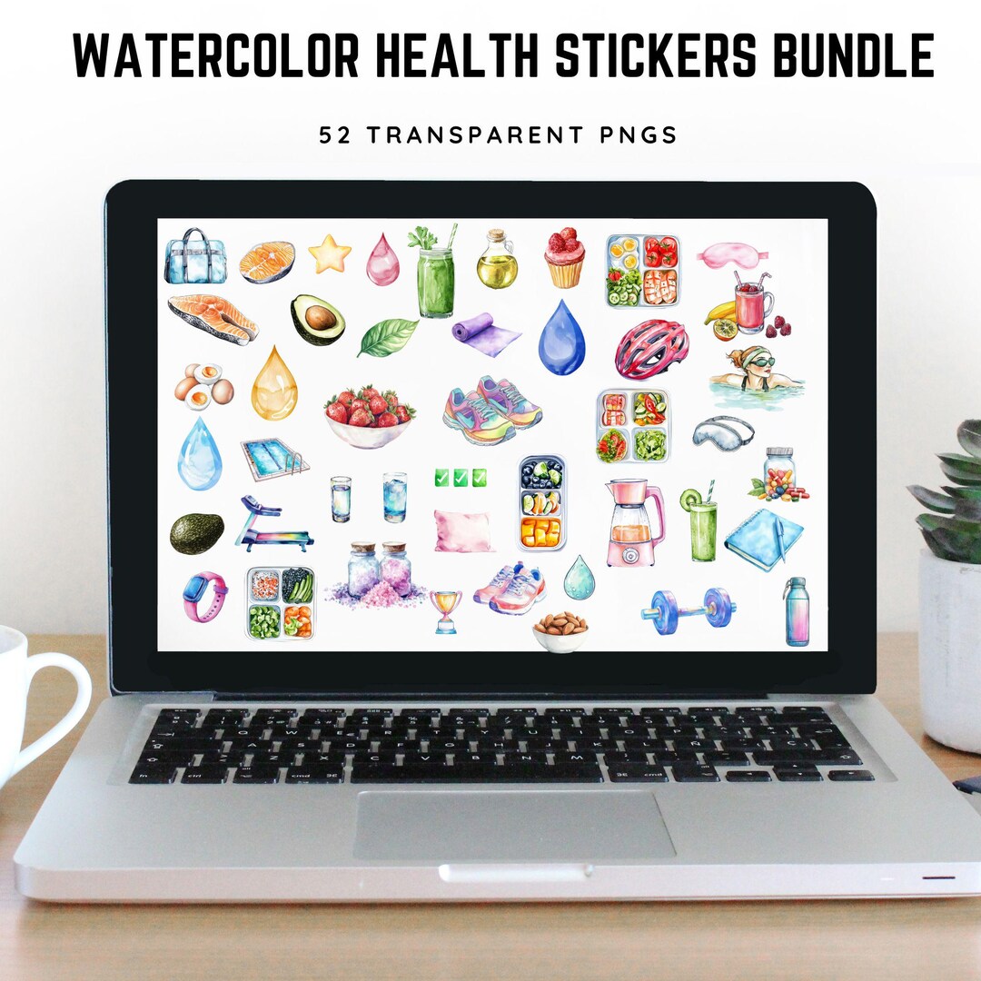 Health and Wellness Digital Stickers, Precropped PNG Files, Watercolor ...