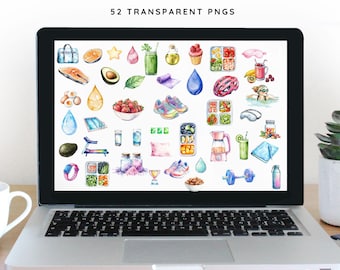 Gesundheit und Wellness digitale Aufkleber, vorgeschnittene PNG-Dateien, Aquarell gesunde Ernährung und Fitness Aufkleber Set, Goodnotes Planer Aufkleber Blatt