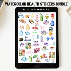 May include: A digital tablet screen displaying 52 watercolor illustrations of health and wellness related items. The illustrations include food, exercise equipment, and other healthy lifestyle items. The text "WATERCOLOR HEALTH STICKERS BUNDLE" and "52 TRANSPARENT PNGS" is displayed at the top of the screen.