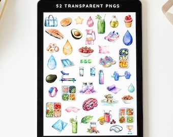 Health and Wellness Digital Stickers, Precropped PNG Files, Watercolor Healthy Food and Fitness Sticker Set, Goodnotes Planner Sticker Sheet