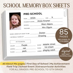 Memory Box School Years Pages Baby Keepsake | Baby Shower Gift | Gifts for Mom | File Box Cover Pages for Kids by Grade