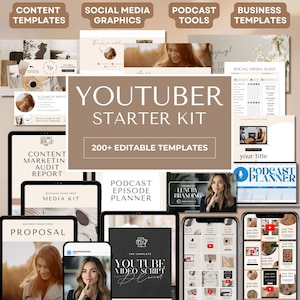 May include: A collection of digital templates for content creation, social media, and business. The image features a "Youtuber Starter Kit" with over 200 editable templates, including podcast planners, media kits, and video scripts. The color palette is neutral with brown and beige tones.