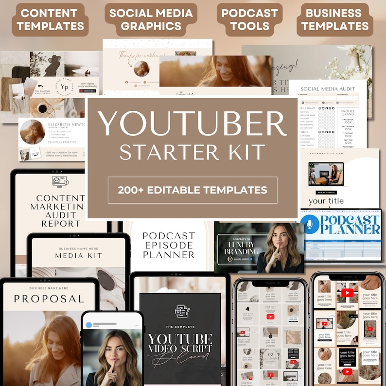 Youtube Banner Editable, Youtube Starter Kit, 200+ Youtuber Bundle ...