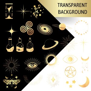 K&ouml;nnte beinhalten: Ein Satz von 20 goldfarbenen Illustrationen auf einem schwarzen und wei&szlig;en Hintergrund. Die Illustrationen beinhalten himmlische und mystische Symbole wie Sterne, Monde, Planeten, Augen, ein Pentagramm, eine Spirale, einen Nachtfalter und eine Sanduhr.