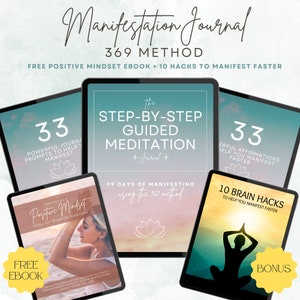 May include: A digital product bundle for manifestation, featuring a pink and blue background with a lotus flower design. The bundle includes a 33-day journal, a step-by-step guided meditation, 99 days of manifesting using the 369 method, and 10 brain hacks to help you manifest faster. The text "Manifestation Journal 369 Method" is at the top of the image.