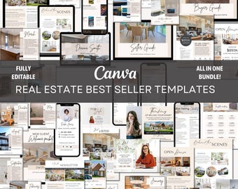 May include: A collage of Canva templates for real estate agents. The templates are in a variety of colors and styles, and feature images of homes, people, and text. The text includes phrases like "New Client Welcome Packet", "Thinking of Selling Your Home", and "Open House".