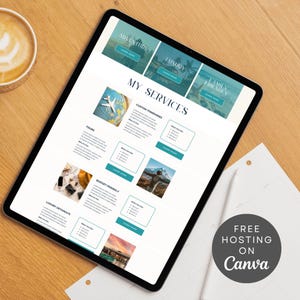 Op de afbeelding: Een tabletcomputer die een website voor reisdiensten weergeeft. De website heeft een teal en wit kleurenschema en bevat afbeeldingen van verschillende reisbestemmingen. De tekst op de website luidt: "Mijn diensten", "Avontuur", "Luxe", "Gezinsvriendelijk", "Tochten", "Aangepaste reisroutes", "Luxe uitstapjes", "Budgetvriendelijk" en "Meer informatie".