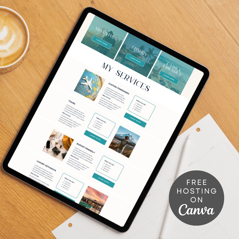 Op de afbeelding: Een tabletcomputer die een website voor reisdiensten weergeeft. De website heeft een teal en wit kleurenschema en bevat afbeeldingen van verschillende reisbestemmingen. De tekst op de website luidt: "Mijn diensten", "Avontuur", "Luxe", "Gezinsvriendelijk", "Tochten", "Aangepaste reisroutes", "Luxe uitstapjes", "Budgetvriendelijk" en "Meer informatie".