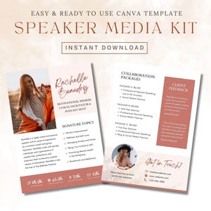 May include: A pink and white speaker media kit template with a photo of a woman. The template includes the speaker's name, Rachelle Beaudry, her title, motivational speaker, coach, facilitator & podcast host, and a list of her signature topics. The template also includes information about collaboration packages and client feedback.