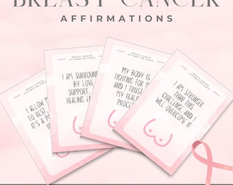 Puede incluir: Conjunto de 25 tarjetas de afirmación imprimibles con fondo rosa y una cinta rosa. Las tarjetas presentan mensajes positivos para pacientes con cáncer de mama. El texto en las tarjetas incluye: "Me permito descansar", "Estoy rodeada de amor", "Mi cuerpo está luchando por mí", y "Soy más fuerte que este desafío".