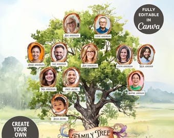 Family Tree Template, Family Tree Chart, Printable for Family Reunion Gifts, Pedigree Chart, Genealogy Chart, Canva Template