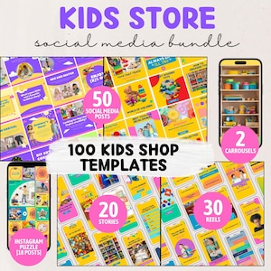 May include: A collection of 100 social media templates for kids' stores. The templates feature bright yellow and pink backgrounds with colorful illustrations of toys and children. The templates are designed for Instagram, Facebook, and other social media platforms. The templates include 50 social media posts, 20 stories, and 30 reels.