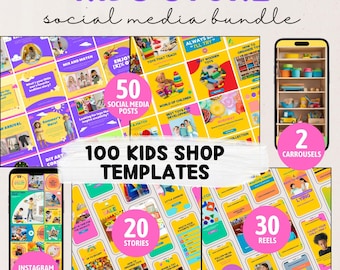 May include: A collection of 100 social media templates for kids' stores. The templates feature bright yellow and pink backgrounds with colorful illustrations of toys and children. The templates are designed for Instagram, Facebook, and other social media platforms. The templates include 50 social media posts, 20 stories, and 30 reels.