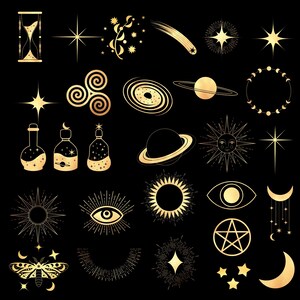 K&ouml;nnte beinhalten: Ein Satz von 28 goldfarbenen himmlischen und mystischen Illustrationen auf schwarzem Hintergrund. Die Illustrationen beinhalten Sterne, Monde, Planeten, Sonnen, Augen, eine Spirale, eine Sanduhr, ein Pentagramm, einen Halbmond, einen Nachtfalter und Flaschen mit Sternen darin.