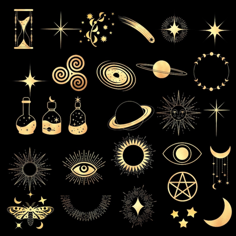 K&ouml;nnte beinhalten: Ein Satz von 28 goldfarbenen himmlischen und mystischen Illustrationen auf schwarzem Hintergrund. Die Illustrationen beinhalten Sterne, Monde, Planeten, Sonnen, Augen, eine Spirale, eine Sanduhr, ein Pentagramm, einen Halbmond, einen Nachtfalter und Flaschen mit Sternen darin.