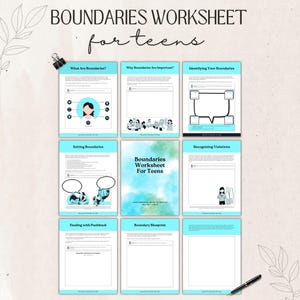 Op de afbeelding: Een teal en wit werkblad voor tieners over het stellen van grenzen. Het werkblad bevat secties over wat grenzen zijn, waarom ze belangrijk zijn, het identificeren van grenzen, het stellen van grenzen, het herkennen van schendingen, het omgaan met terugslag en een grens blauwdruk.