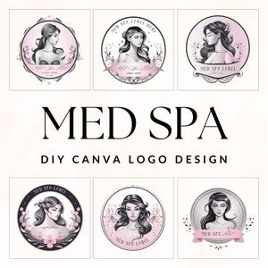 Puede incluir: Seis diseños de logo diferentes para un spa médico. Cada logo presenta a una mujer con cabello largo y oscuro sobre un fondo rosa. El texto "MED SPA" aparece en una fuente grande debajo de los logotipos.