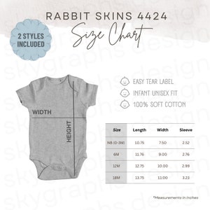 Tabella taglie Rabbit Skins 4424 - Tabella taglie body in jersey per neonati - Modello e guida alle taglie Rabbit Skins 4424, sfondo bianco