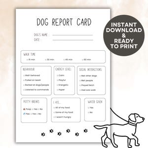 Boletim de Cachorro para Imprimir, Modelo Canva Editável para Passeio de Cachorro, Modelo Preto e Branco, Boletim de Cachorro para Cuidador de Cachorro, Guia Bônus para Cuidador de Cachorro