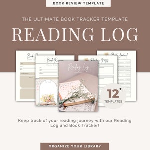 May include: A digital printable reading log template with 12 different designs. The template features a floral design with a book and flowers. The text "Reading Log" is in a white font on a pink background. The text "12+ Templates" is in a white font on a pink circle.