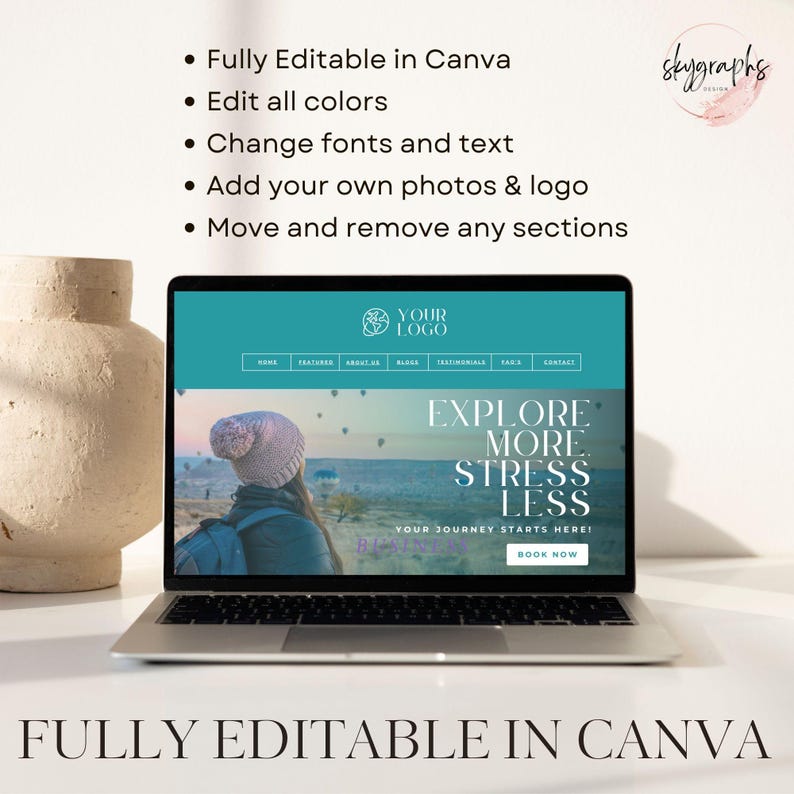 Op de afbeelding: Een laptopcomputer waarop een website-mockup wordt weergegeven met een teal achtergrond en de tekst "Explore More Stress Less". De website heeft een navigatiebalk met links naar "Home", "Featured", "About Us", "Blog", "Testimonials", "FAQs" en "Contact". De website heeft ook een call-to-action-knop met de tekst "Book Now". De laptop staat op een wit oppervlak.