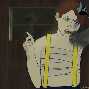 May include: A digital illustration of a figure with curly brown hair, wearing a white chest binder and bright yellow suspenders. The figure has blue eye makeup, a cigarette in one hand, and a dark smudge on their shoulder. The text Fluff Demons is visible.