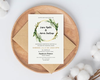 Boho Greenery Wreath Wedding Invite with Rustic Charm, Nature Inspired Wedding Stationery