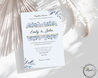 Dusty Blue Floral Wedding Invitations Set, Modern Wedding Invite, Printable Invitation Suite, Customizable RSVP Card