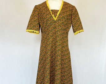 VINTAGE 70s Handmade Calico Midi Brown and Yellow Floral Prairie Dress/Cottage Core/Barn Wedding/Boho Hippie