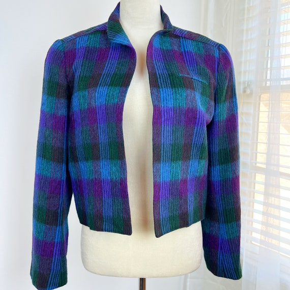 VINTAGE Y2K Cropped Purple Plaid Wool Blazer/Bras… - image 4