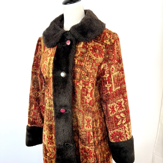 VINTAGE 60s Tapestry Carpet Coat With Brown Faux … - image 3