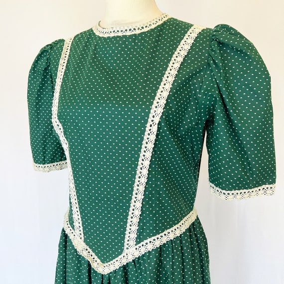 VINTAGE 70s Handmade Calico Green Prairie Dress w… - image 2