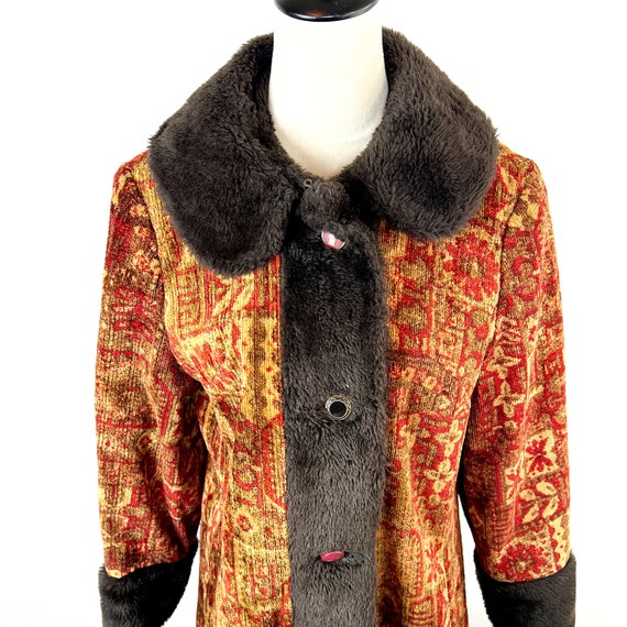 VINTAGE 60s Tapestry Carpet Coat With Brown Faux … - image 4