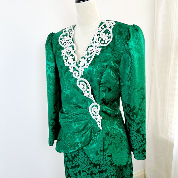 VINTAGE 80s Scott McClintock Green Damask Dress S… - image 2