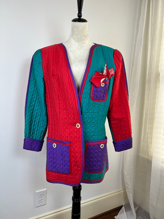 VINTAGE JEANNE MARC 80s Red and Teal Quilted Blaz… - image 3