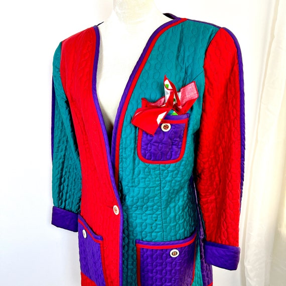 VINTAGE JEANNE MARC 80s Red and Teal Quilted Blaz… - image 8