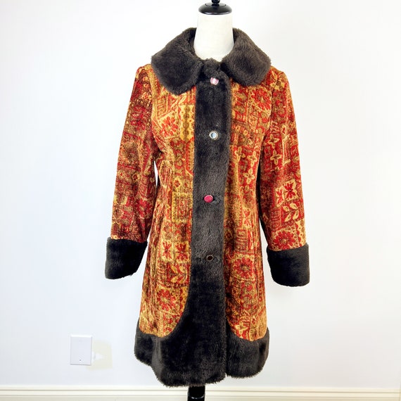 VINTAGE 60s Tapestry Carpet Coat With Brown Faux … - image 1