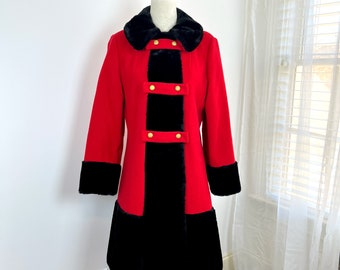 Vintage 60s Red Wool Penny Lane Coat by Susan Lynn: Black Faux Fur Trim
