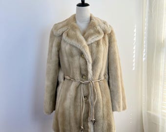 Vintage 70s Faux Mink Fur Coat: French Made by Tissavel, Cream Beige, Leather Accents